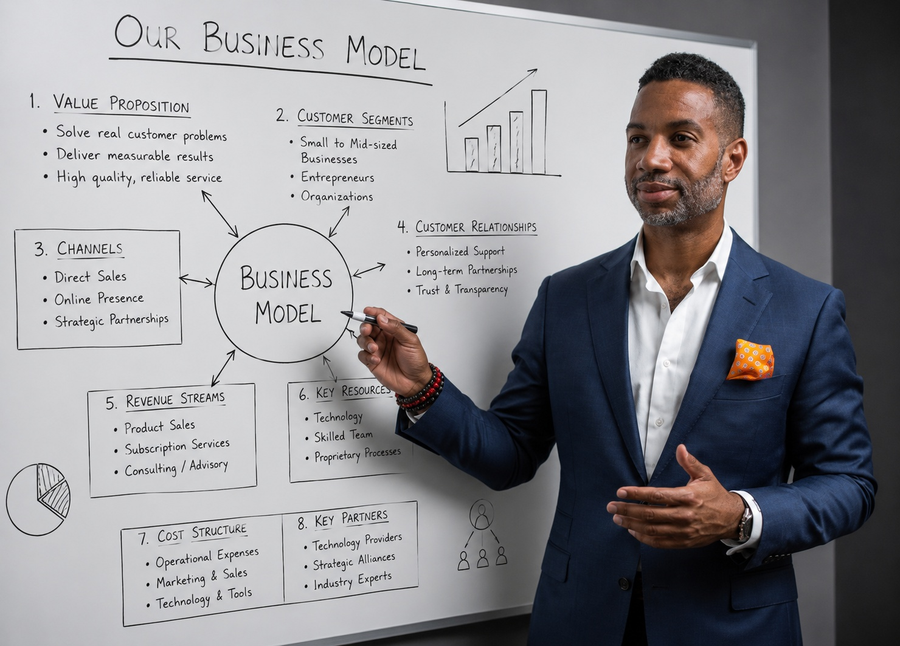 Daryl Smith, Founder and COO of AD Smith Group, explaining AD Smith Group's business model on a whiteboard